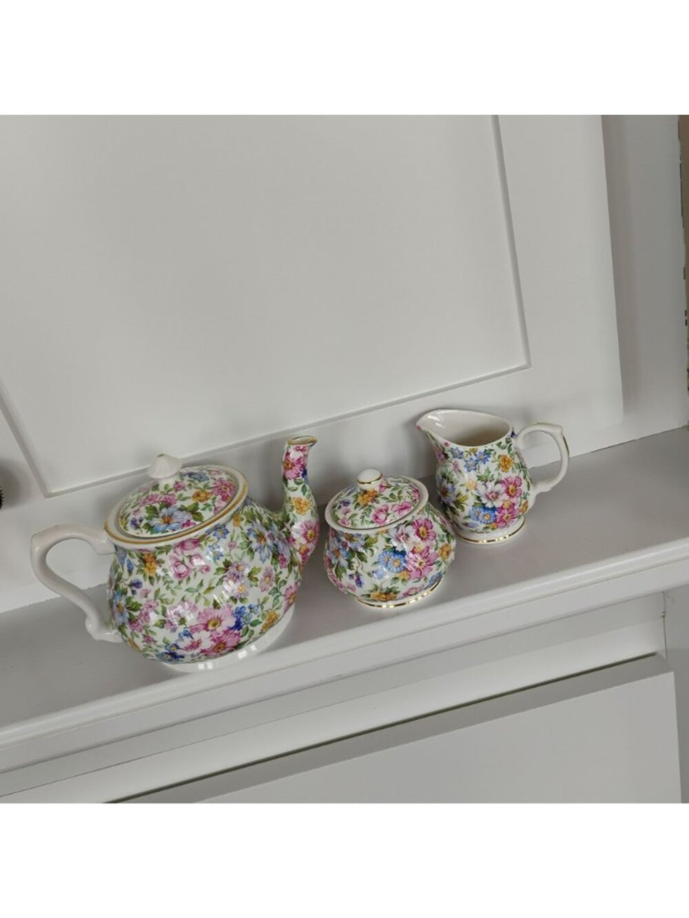 Vintage Laura Chintz Tea Set, Bone China Teapot Creamer Sugar Fine English China - Picture 10 of 10